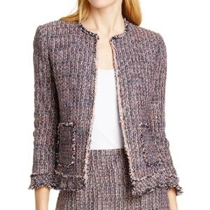 Rebecca Taylor Frayed Ruffled Tweed Jacket Pink Navy Combo size 4